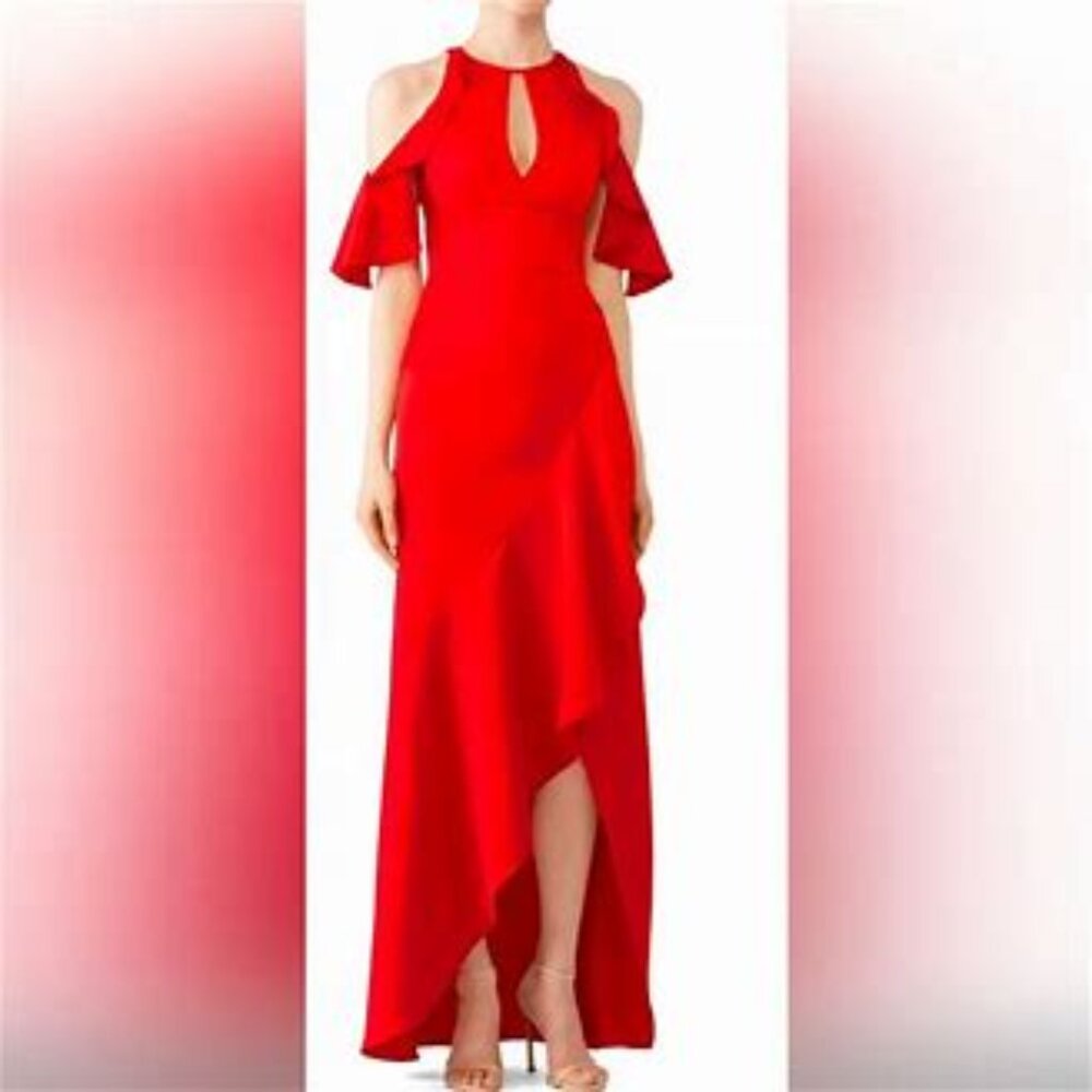 Monique Lhuillier New Red Ruffle High Low Ruffle Sleeve Maxi Gown Dress Size 0